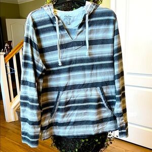 🍀 LUCKY BRAND Black Gray White Striped Pullover Hoodie Knitwear Sz MED